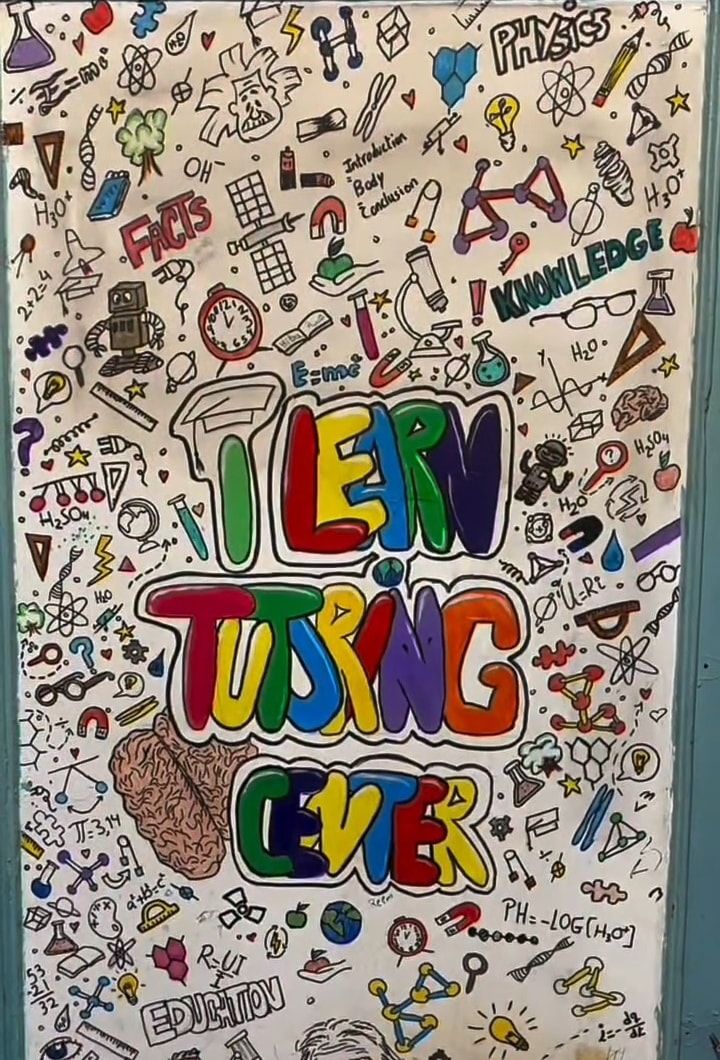 The hand-drawn iLearn Tutoring Center mural on the centre wall, full of science and maths doodles